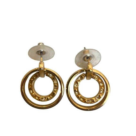 Gold Tone Circle Pendant Necklace Earring Set Rhinestone Inlay 24" S Chain - Picture 6 of 9